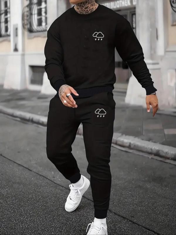 Two-Piece Set Men's Lightning & Cloud Print Sweatshirt & Drawstring Waist Sweatpants Set, Regular Fit Casual Round Neck Long Sleeve Pullover & Pocket Jogger Pants, Men's Two-piece Outfits for Fall & Winter