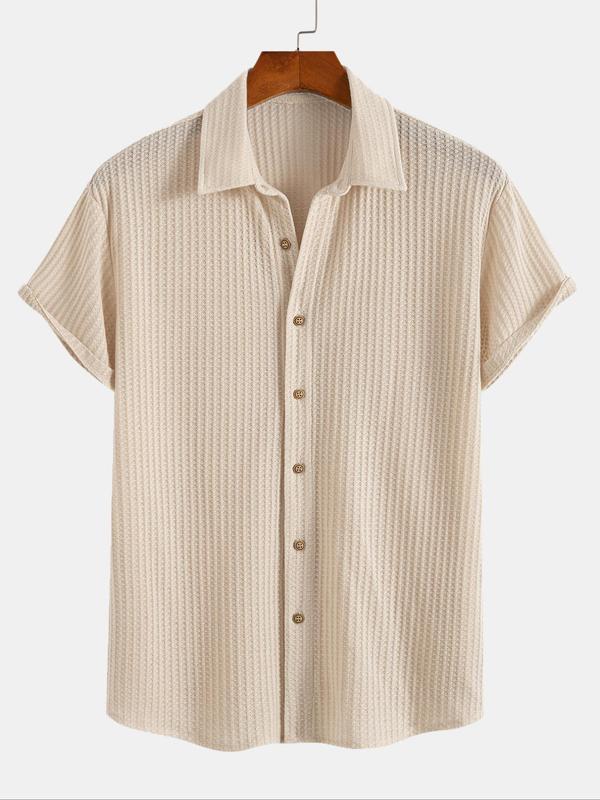 Men's Textured Button Front Shirt, Casual  Loose Short Sleeve Collar Top for Summer, Fashion Men's Clothes for Daily Wear