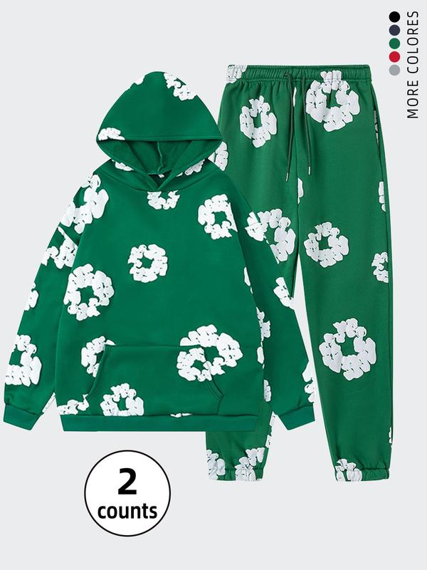 Men's Floral Print Pocket Hoodie & Drawstring Waist Sweatpants Two-piece Set, Casual Long Sleeve Hooded Sweatshirt & Pocket Pants for Fall & Winter, Men's Two-piece Outfits for Daily Wear