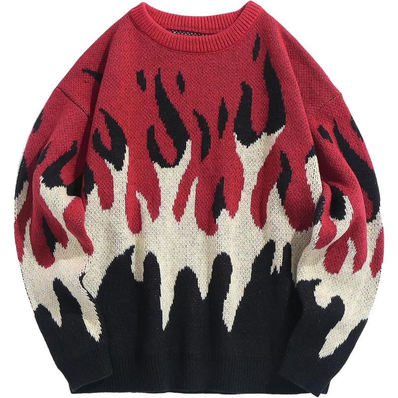 Men's Oversized Sweater Y2K Aesthetic Flame Graphic Crewneck Knit Pullover Unisex Casual Sweaters