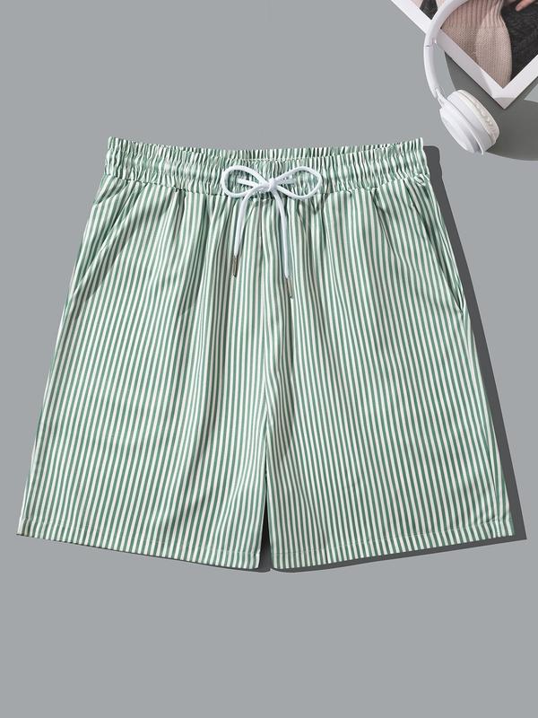 Men's Random Striped Print Pocket Drawstring Shorts, Regular Fit Casual Elastic Waist Straight Leg Shorts for Summer, Men's Bottoms for Beach Vacation