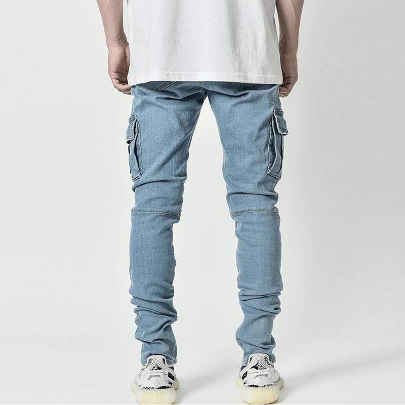 Street Elastic Jeans Men Denim Cargo Pants Wash Solid Color Multi Pockets Casual Mid Waist Trousers Slim Fit Daily Wear Joggers