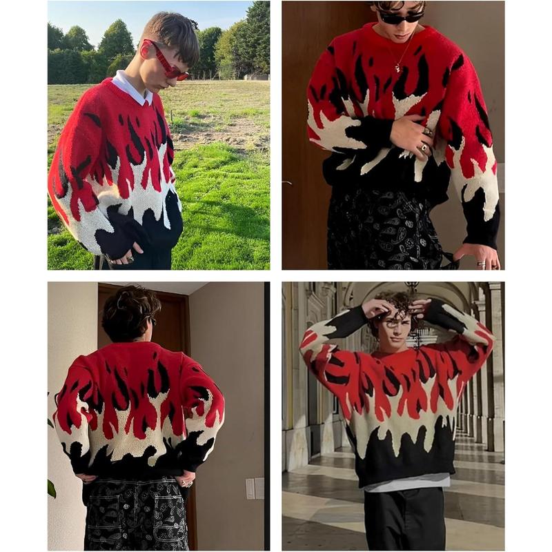 Men's Oversized Sweater Y2K Aesthetic Flame Graphic Crewneck Knit Pullover Unisex Casual Sweaters