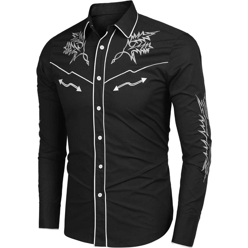 Men's Western Cowboy Shirt Long Sleeve Embroidered Shirt Slim Fit Cotton Casual Button Down Shirt