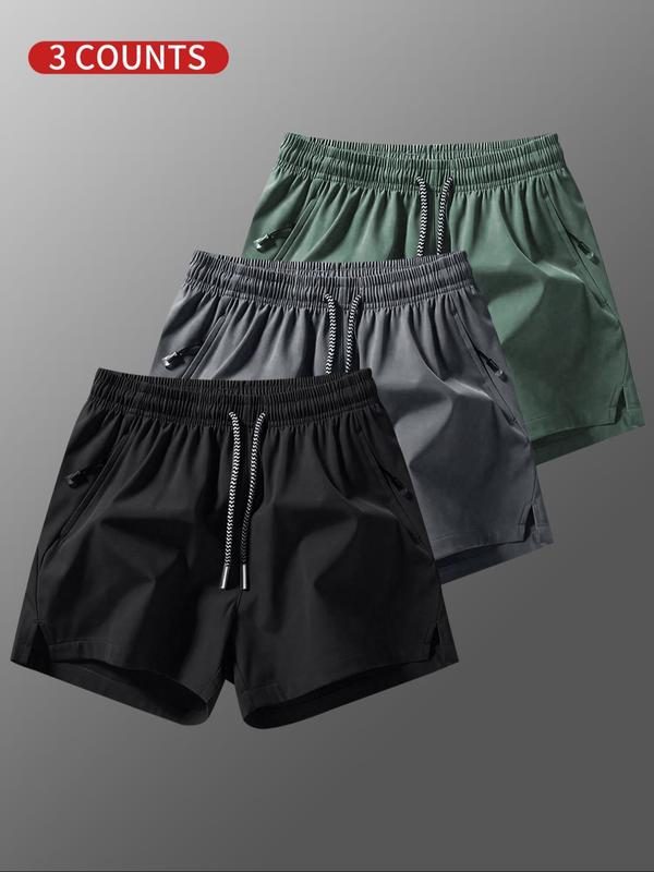 Men's Solid Color Drawstring Waist Split Hem Shorts, Casual Elastic Waist Zipper Shorts for Summer, Men's Bottoms for Daily Wear