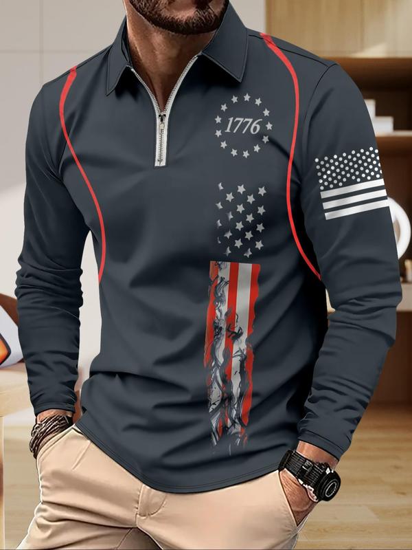 Men's Flag & Number Print Half Zip Polo Shirt, Regular Fit Casual Long Sleeve Collared Top for Independence Day, Fashion Men's Clothes for All Seasons