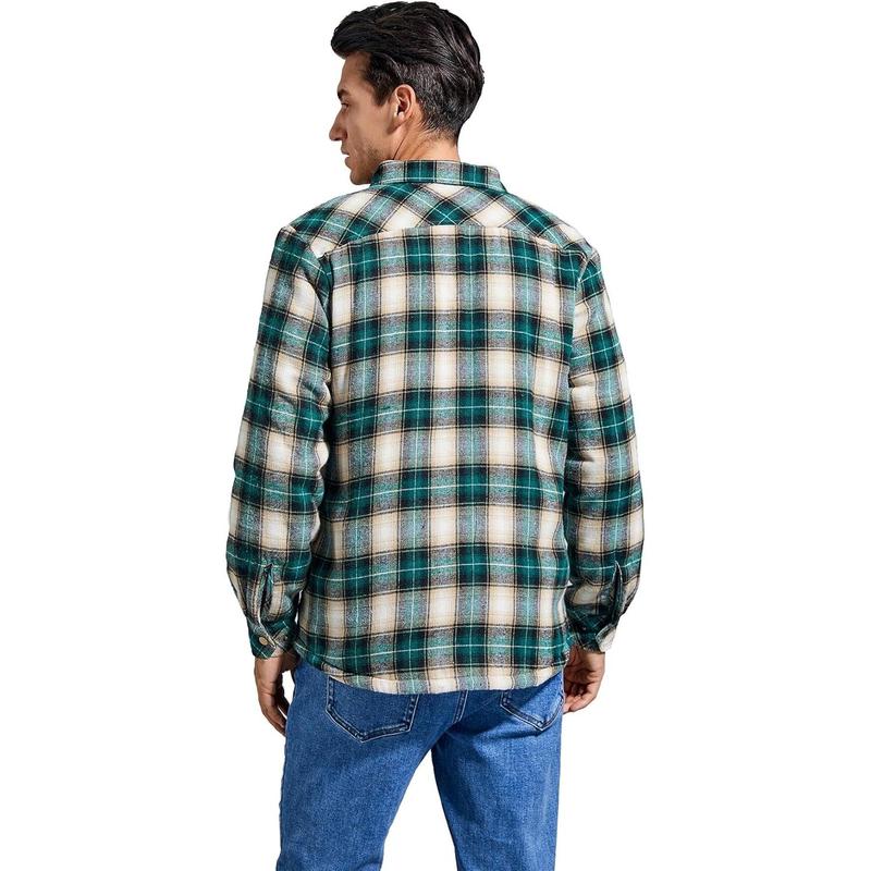 Men's Sherpa Lined Cotton Flannel Shirt Jacket Plaid Button Up Jacket Coat for Men with Pocket