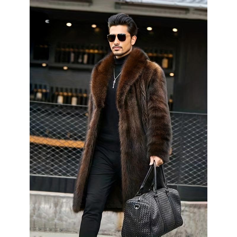 Fashionable Design Men's Faux Fur Single Breasted Overcoat, Trendy And Elegant Warm Long Jacket For Autumn And Winter Outdoors Leisurewear Collar Fabric Collar Fabric Collar Fabric Collar Fabric Collar Fabric Collar Fabric