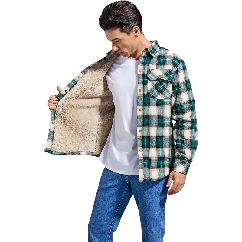 Men's Sherpa Lined Cotton Flannel Shirt Jacket Plaid Button Up Jacket Coat for Men with Pocket