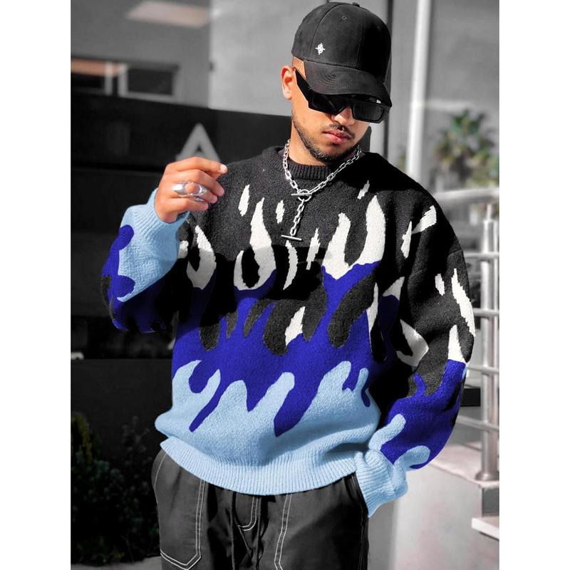 Men's Oversized Sweater Y2K Aesthetic Flame Graphic Crewneck Knit Pullover Unisex Casual Sweaters