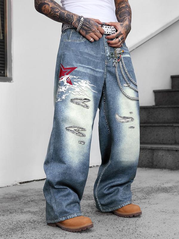 Men's Vintage Denim-effect Print Pants, Street Fashion Casual Loose Trousers for Daily Wear, Men's Trousers for Summer