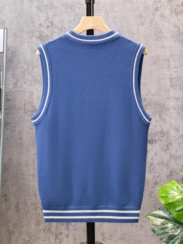 Men's Contrast Binding V Neck Sweater Vest, Regular Fit Casual Sleeveless Knit Top for Spring & Fall, Fashion Men's Knitwear for Daily Wear