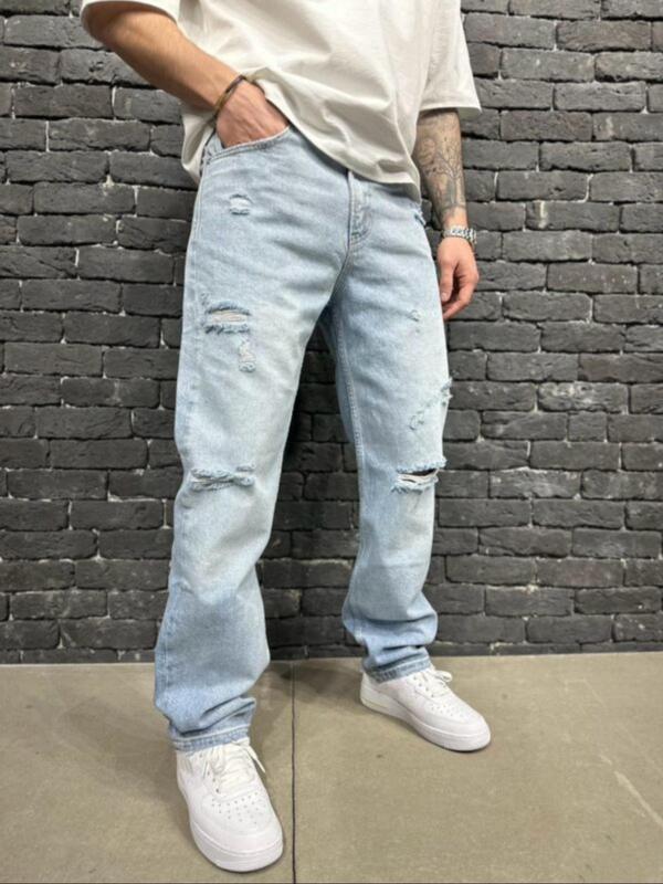 Men's Ripped Button Fly Straight Leg Jeans, Loose Casual Comfy Washed Denim Pants for Daily Wear, Woven Bottoms for All Seasons