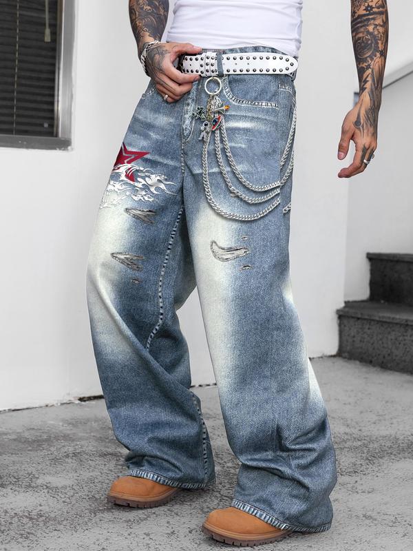 Men's Vintage Denim-effect Print Pants, Street Fashion Casual Loose Trousers for Daily Wear, Men's Trousers for Summer