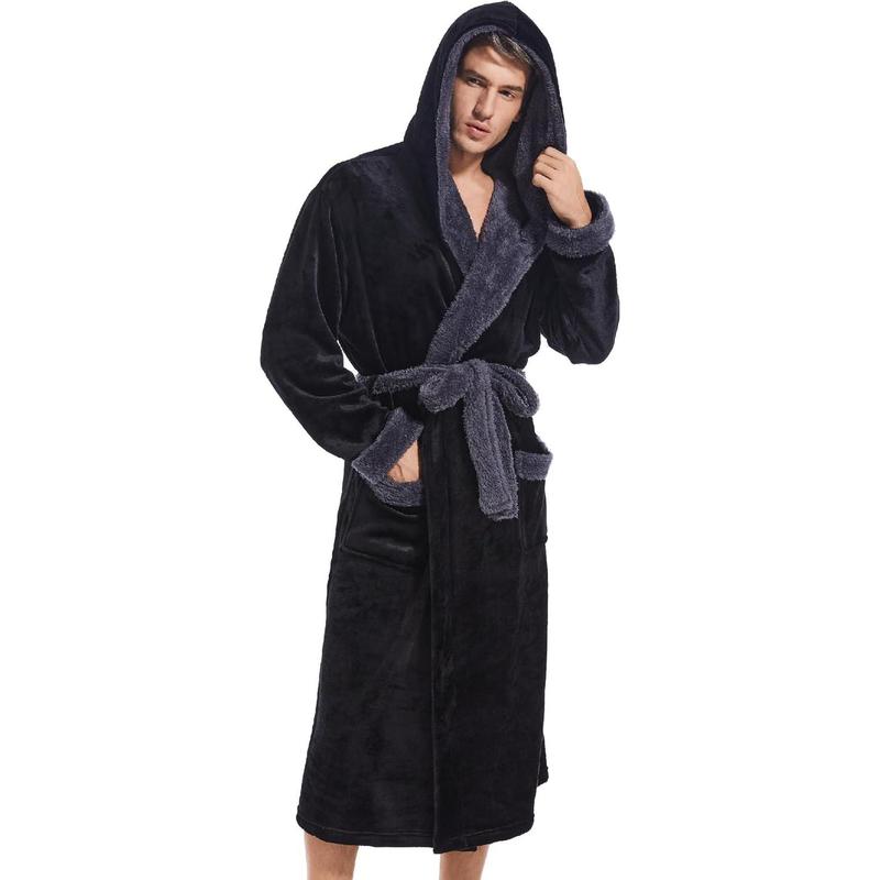 Mens Hooded Robe, Plush Long Bath robes Cozy Warm Bathrobe Fuzzy male Spa Robe With Pockets