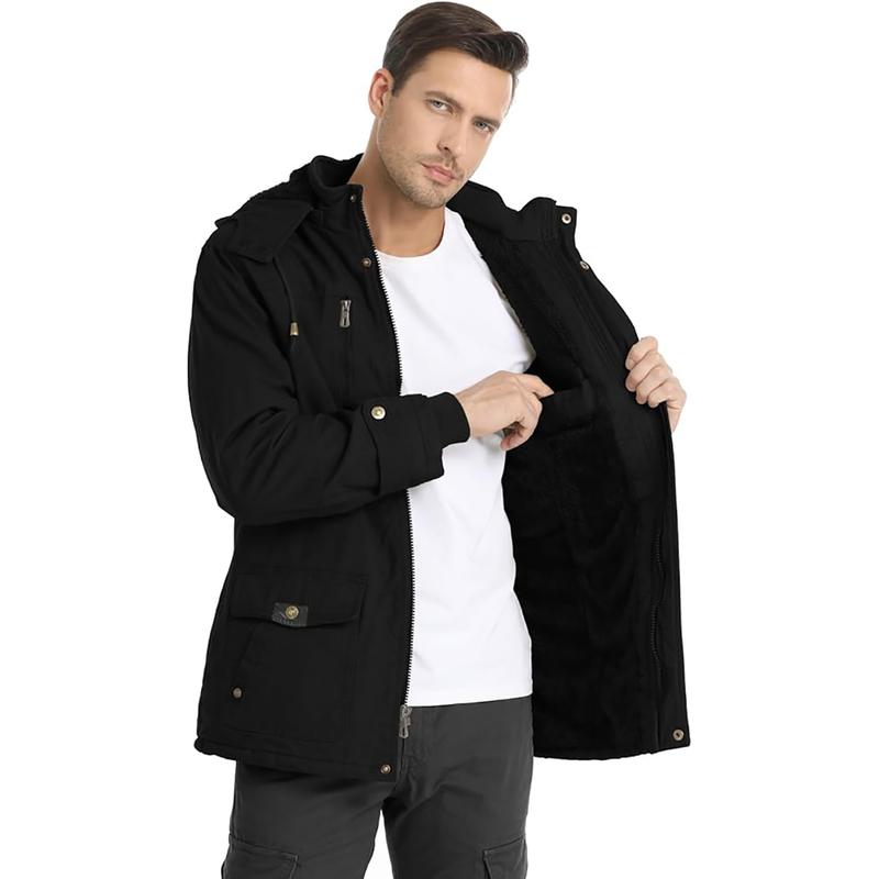 Men's Winter Cotton Military Work Jacket with Hood, Fleece Lining, Cargo Pockets, and Zipper - Longsleeves Menswear Casual Plain Coats Polyester Stylish