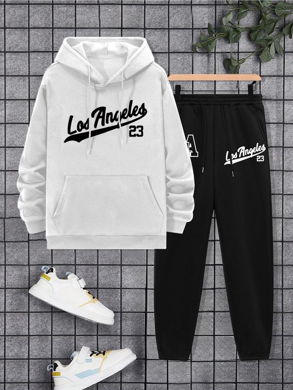  Two-Piece Set Letter Print Hoodie & Drawstring Waist Sweatpants Set, Casual Long Sleeve Hooded Sweatshirt & Pocket Jogger Pants, Men's Two-piece Outfits for Fall & Winter