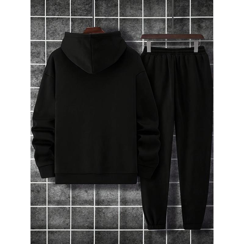 Sporty Elegance, Men's Casual Printed Hoodie & Drawstring Sweatpants Set - Polyester, Machine Washable, Long Sleeve, Fall Winter Fashion