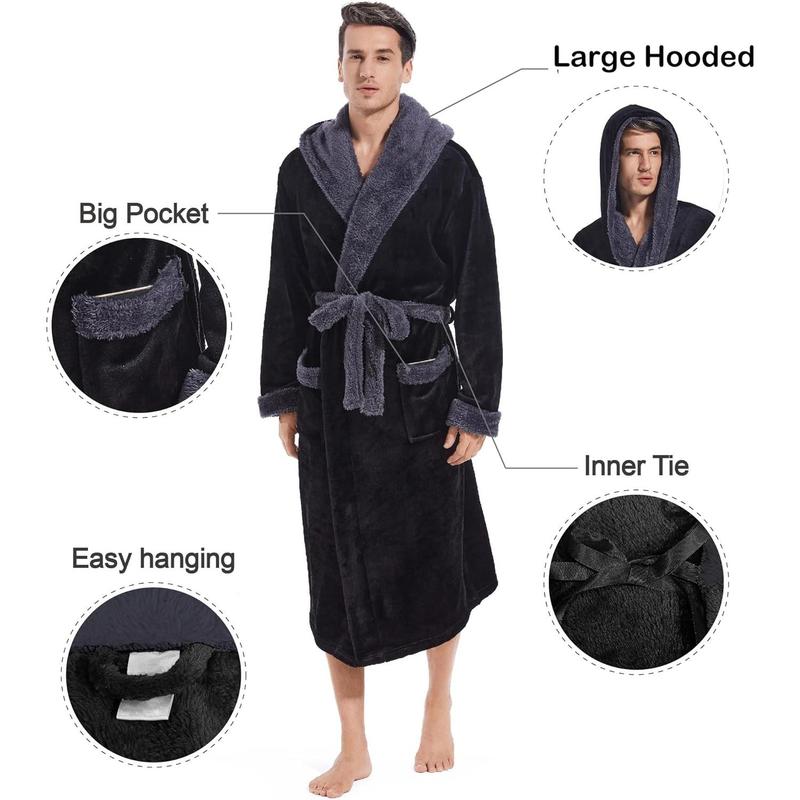 Mens Hooded Robe, Plush Long Bath robes Cozy Warm Bathrobe Fuzzy male Spa Robe With Pockets