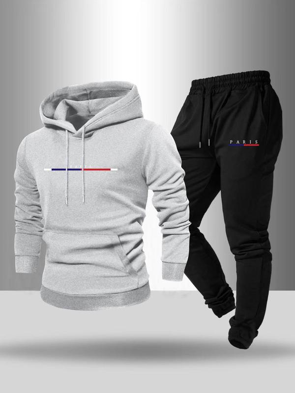 Men's Letter Print Drawstring Hoodie & Pocket Sweatpants Set, Casual Regular Fit Long Sleeve Hooded Sweatshirt & Jogger Pants, Men's Fall & Winter Clothes