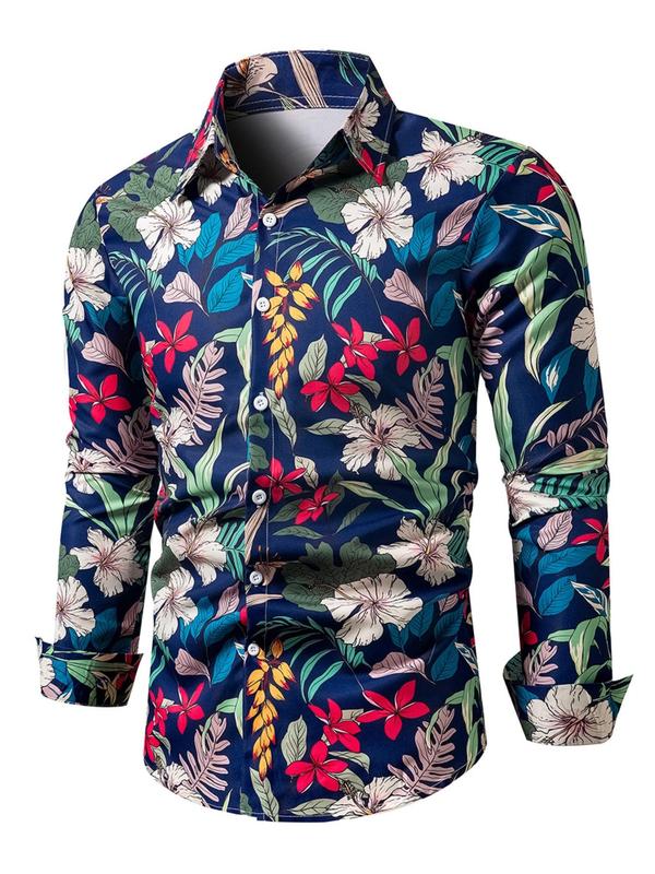 Men's Random Plants Print Button Front Shirt, Men's Long Sleeve Collared Top for Fall & Winter, Casual Men's Clothes for Daily Wear, Fall Outfits 2024