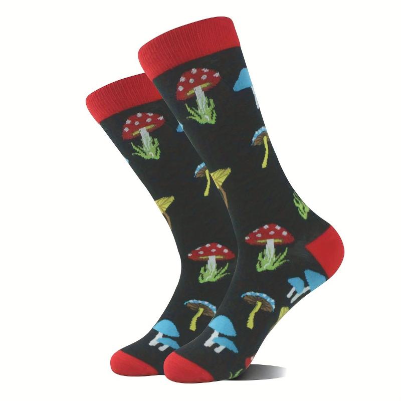 Mushroom Pattern 3 Pairs Of Men's Trendy Cartoon Pattern Crew Mid-calf Socks, Breathable Comfy Casual Unisex Socks For Men's Outdoor Wearing All Seasons Wearing