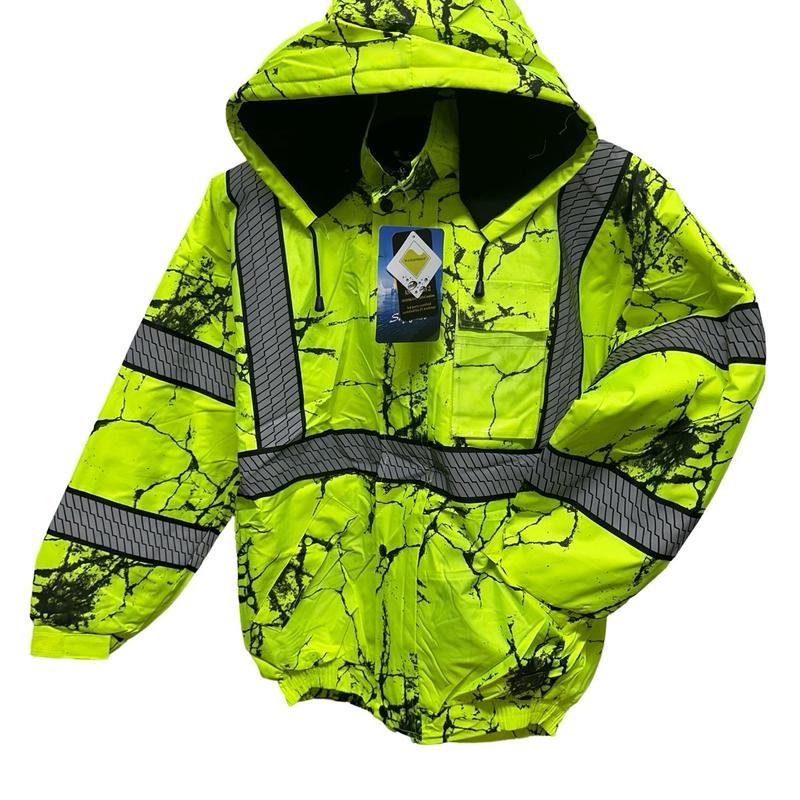 203 Men's Winter Camouflage Lime or Black Bomber Jacket hood with Reflecting Tape - safety Coats, Menswear