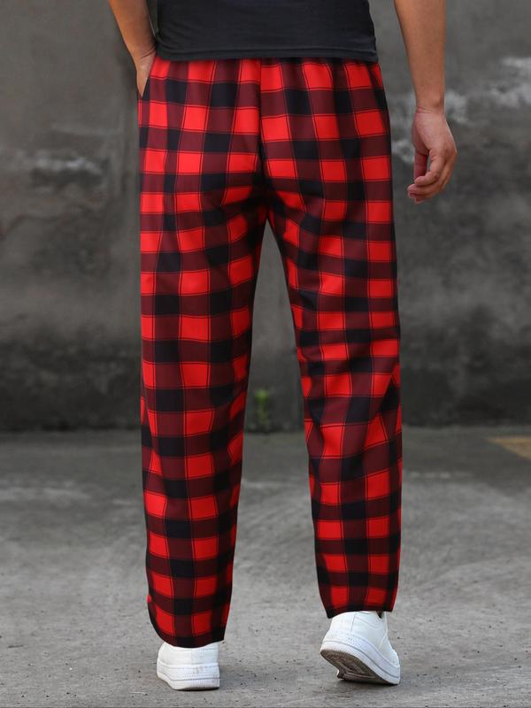 Men's Plaid Print Drawstring Waist Straight Leg Pants, Loose Casual Comfy Pocket Elastic Waist Trousers for Spring & Summer, Men's Bottoms for Daily Wear