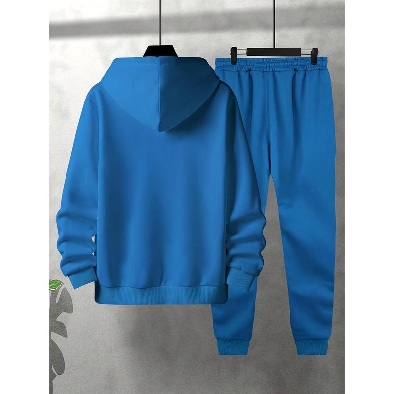 Sporty Elegance, Men's Casual Printed Hoodie & Drawstring Sweatpants Set - Polyester, Machine Washable, Long Sleeve, Fall Winter Fashion