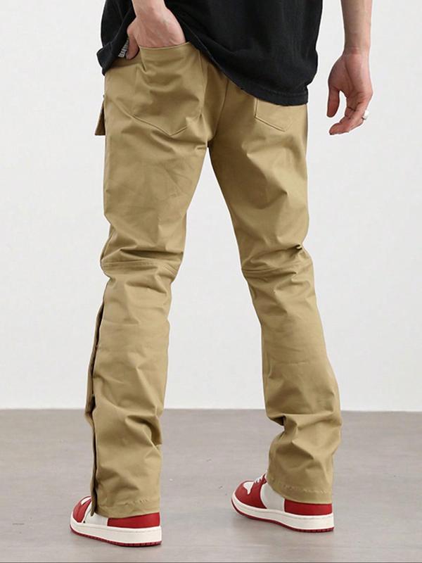 Men's Solid Button Front Drawstring Waist Straight Leg Pants, Casual Regular Fit Flap Pocket Trousers For Spring & Fall, Fashion Men's Bottoms For Daily Wear