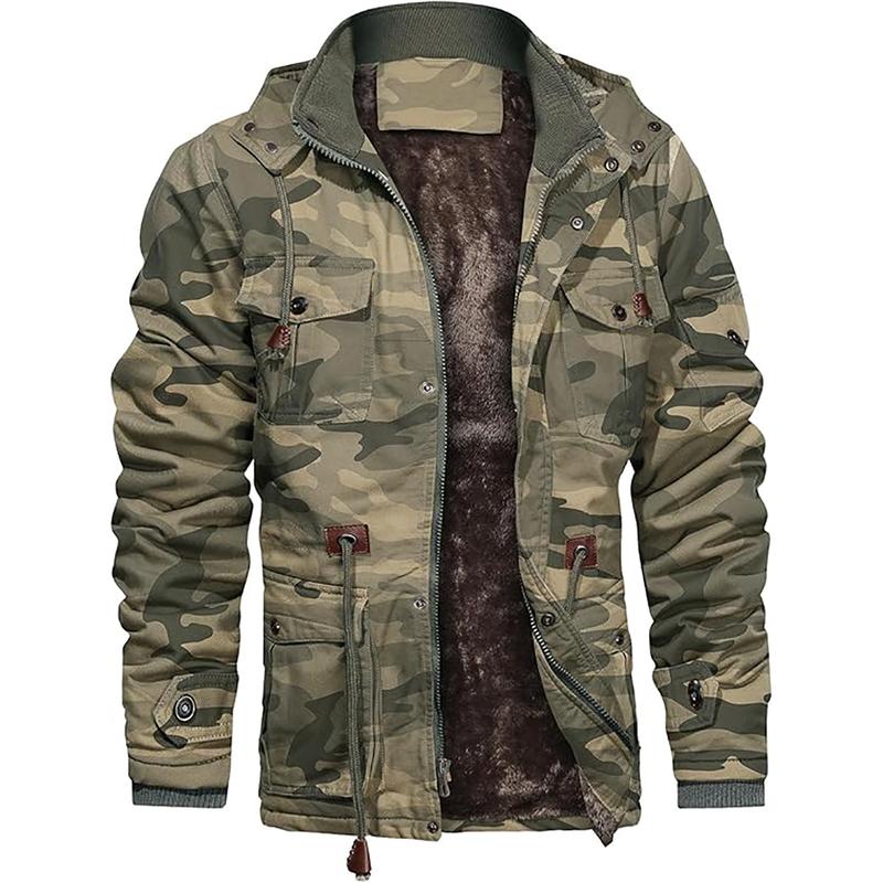 Men's Thick Winter Jackets with Hood Fleece Lining Cotton Military Jackets Work Jackets with Cargo Pockets Outwear Men's Designer Clothes, Regular Fit Casual Warm Long Sleeve Outerwear for Fall & Winter, Streetwear, Fall Jackets for Men