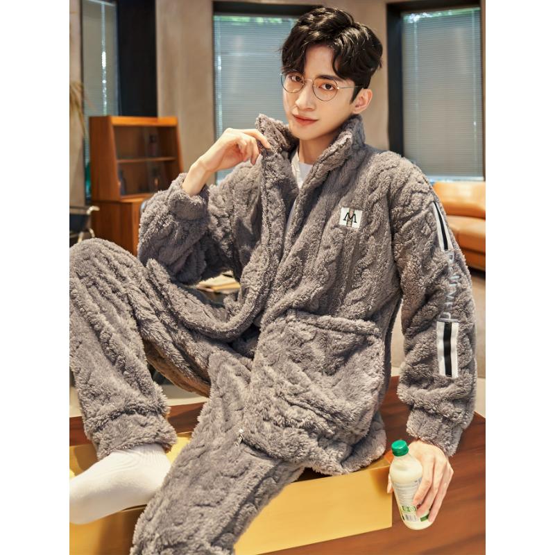 Winter Thickened Plus Velvet Coral Fleece Men's Pajamas Stand Collar Zipper Style Two-piece Set Autumn And Winter Sky Flannel Loungewear