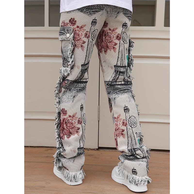 Butterfly Pattern & Raw Hem Design Men's Vintage Street Loose Straight Leg Long Pants, Men's Hip Hop Style Denim Pants For Outdoor