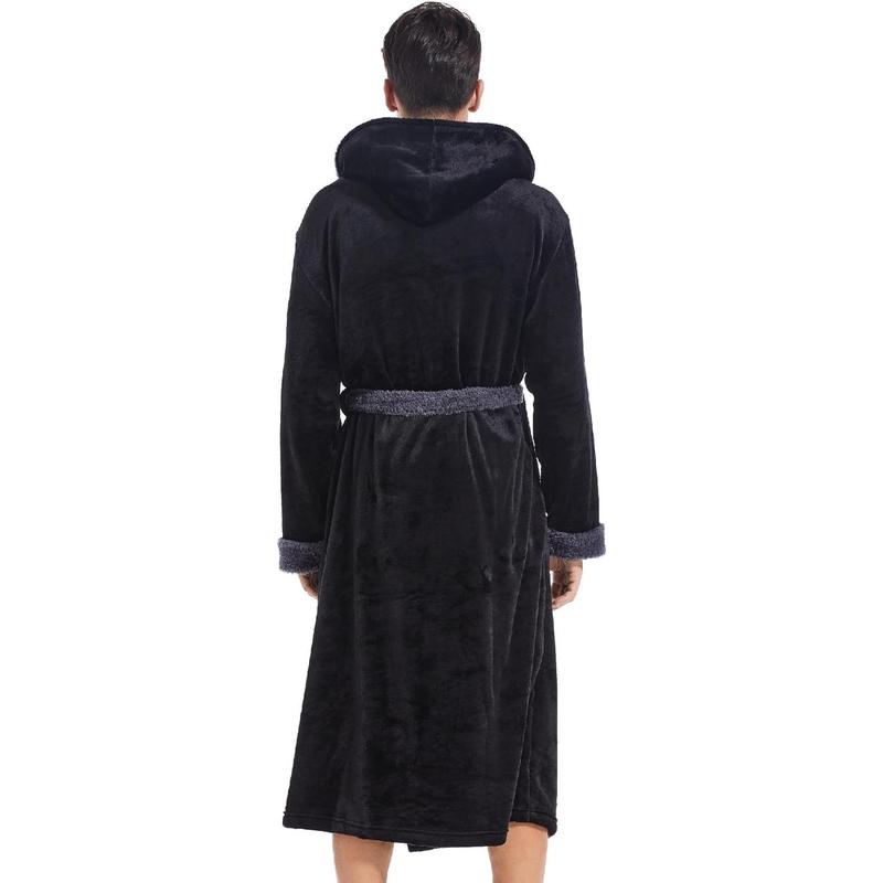 Mens Hooded Robe, Plush Long Bath robes Cozy Warm Bathrobe Fuzzy male Spa Robe With Pockets