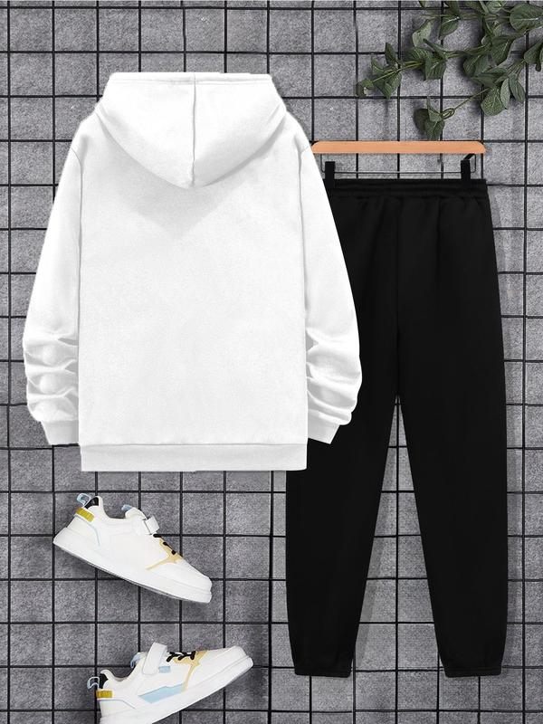  Two-Piece Set Letter Print Hoodie & Drawstring Waist Sweatpants Set, Casual Long Sleeve Hooded Sweatshirt & Pocket Jogger Pants, Men's Two-piece Outfits for Fall & Winter