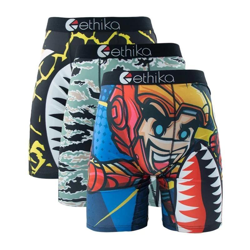 ETHIKA Sexy Men Underwear Boxers Fashion Shark Print Underpants Breathable Panties Lingerie Plus Size Boxer Briefs Trunks 3Pcs Boys' Lightweight