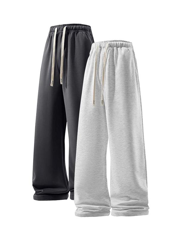 Men's Solid Drawstring Waist Wide Leg Sweatpants, Casual Comfy Pocket Trousers for Fall & Winter, Men's Bottoms for Daily Wear