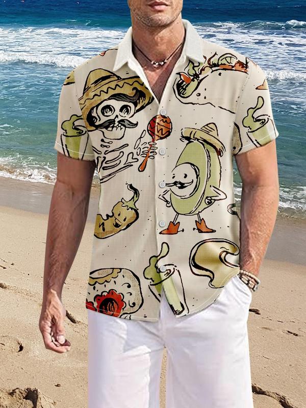 Men's Regular Fit Cartoon Skull Print Button Front Shirt, Casual Comfy Short Sleeve Collar Shirt for Summer, Fashion Men's Clothes