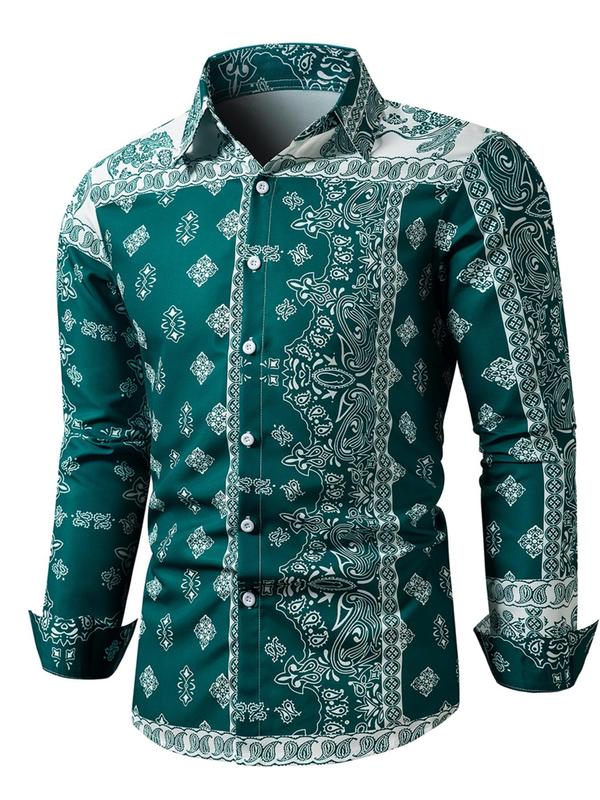 Men's Random Plants Print Button Front Shirt, Men's Long Sleeve Collared Top for Fall & Winter, Casual Men's Clothes for Daily Wear, Fall Outfits 2024