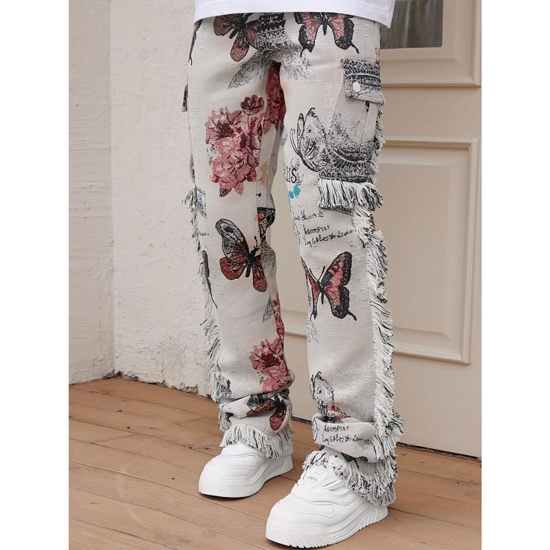 Butterfly Pattern & Raw Hem Design Men's Vintage Street Loose Straight Leg Long Pants, Men's Hip Hop Style Denim Pants For Outdoor