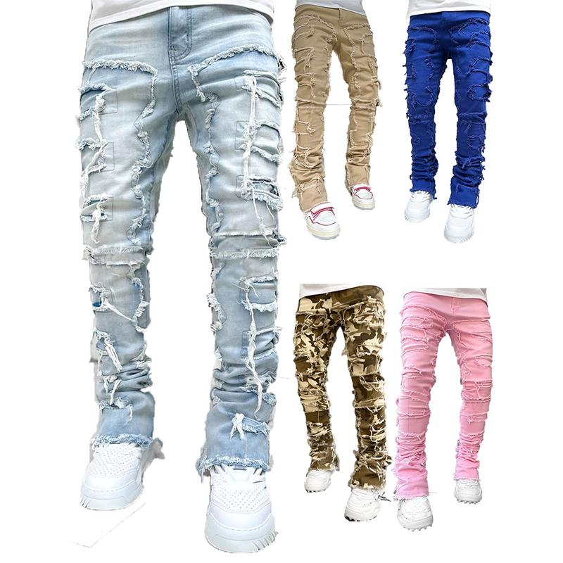 Stretch Fit Skinny Jeans for Men Stacked Ripped Destroyed Jeans Slim Fit Patch Y2K Denim Pants Slim Fit Trousers Streetwear Camo Jeans