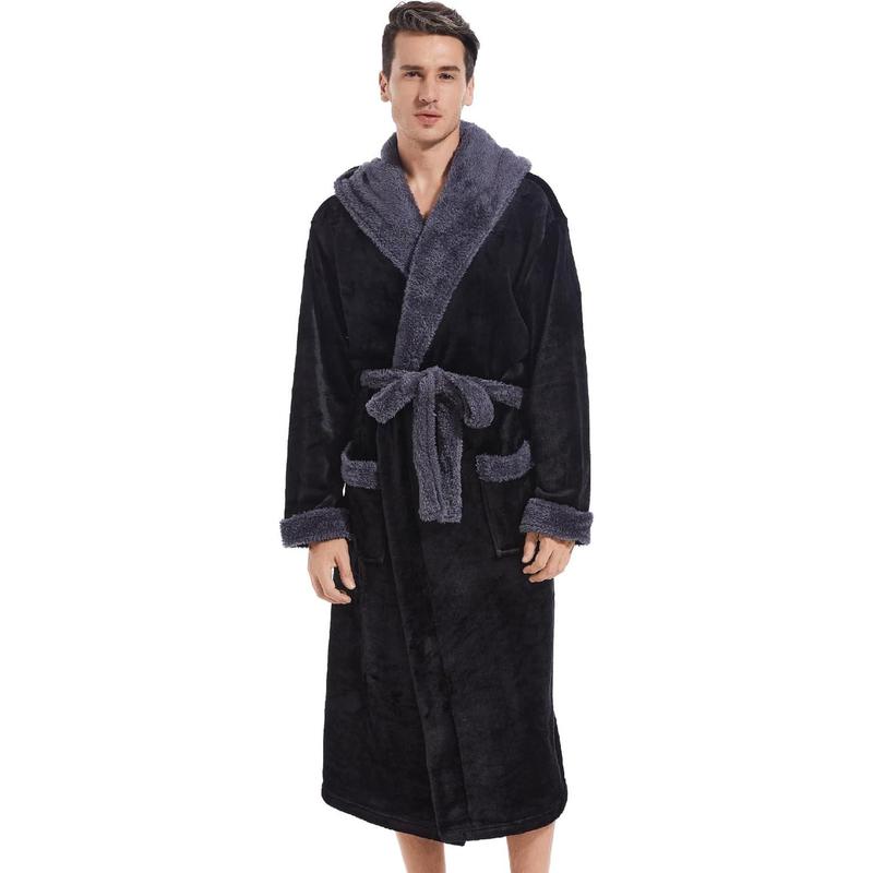 Mens Hooded Robe, Plush Long Bath robes Cozy Warm Bathrobe Fuzzy male Spa Robe With Pockets