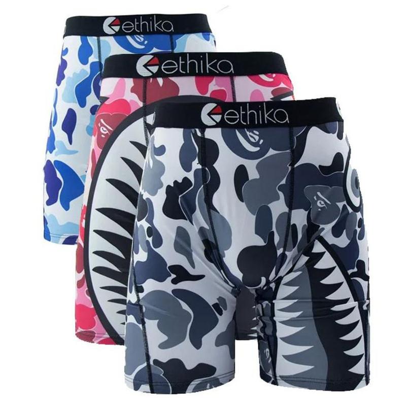 ETHIKA Sexy Men Underwear Boxers Fashion Shark Print Underpants Breathable Panties Lingerie Plus Size Boxer Briefs Trunks 3Pcs Boys' Lightweight