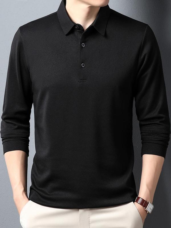 Men's Solid Long Sleeve Polo Shirt, Regular Fit Casual Button Collared Top for Spring & Fall, Fashion Men's Clothes for Daily Wear