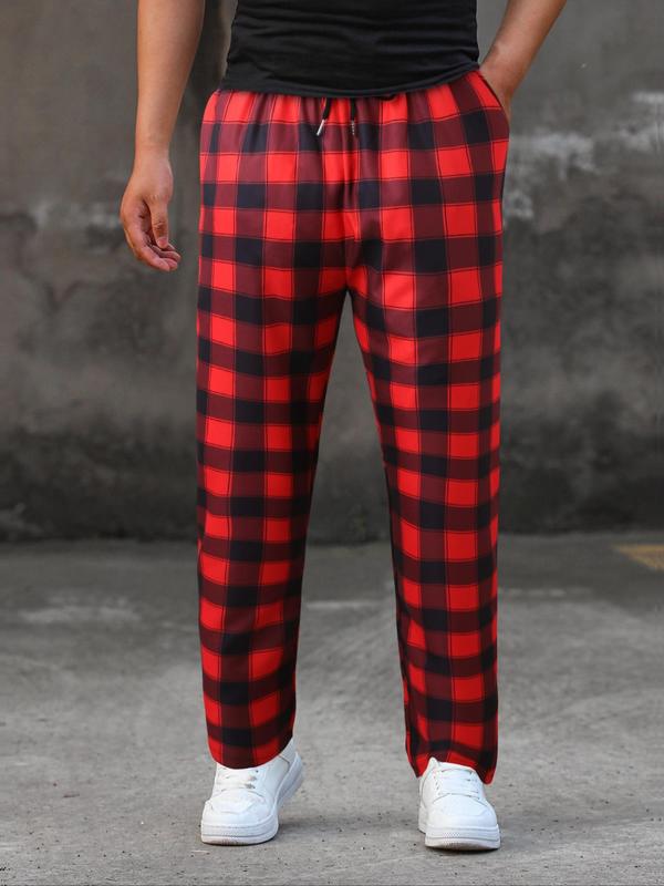 Men's Plaid Print Drawstring Waist Straight Leg Pants, Loose Casual Comfy Pocket Elastic Waist Trousers for Spring & Summer, Men's Bottoms for Daily Wear