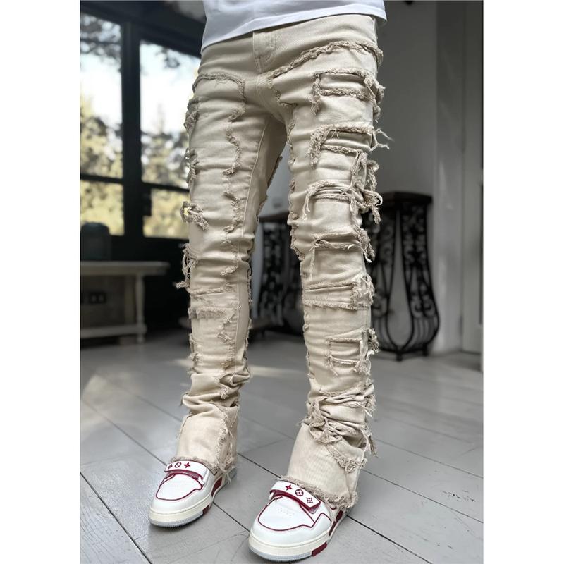 Stretch Fit Skinny Jeans for Men Stacked Ripped Destroyed Jeans Slim Fit Patch Y2K Denim Pants Slim Fit Trousers Streetwear Camo Jeans