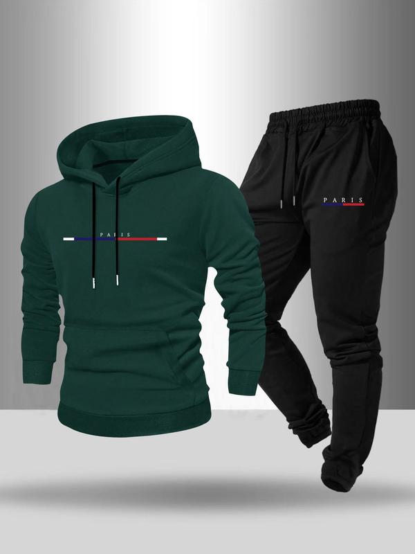 Men's Letter Print Drawstring Hoodie & Pocket Sweatpants Set, Casual Regular Fit Long Sleeve Hooded Sweatshirt & Jogger Pants, Men's Fall & Winter Clothes