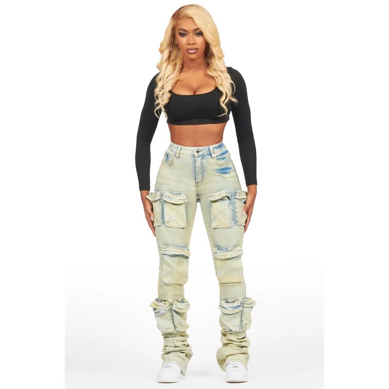 Alliyah Tinted Dirty Wash Cargo Super Stacked Jean