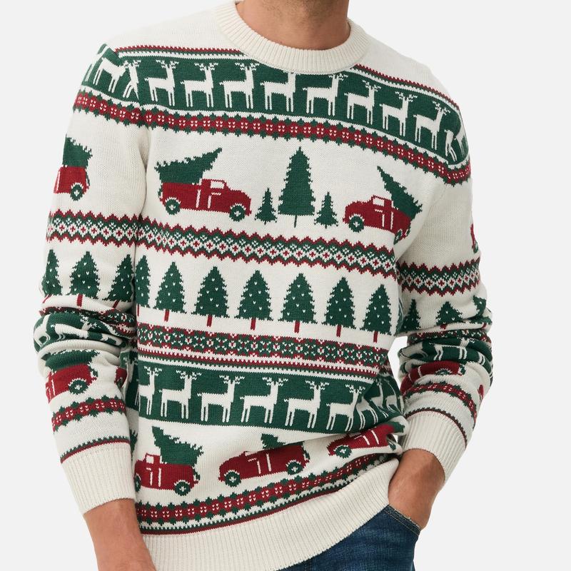 Cozy Ugly Christmas Sweater, Ugly Christmas Sweater with Reindeer, Trees, and Holiday Truck Design – Festive Knit for Holiday Parties