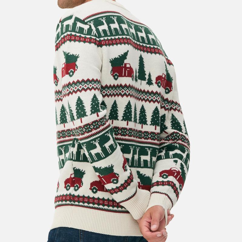 Cozy Ugly Christmas Sweater, Ugly Christmas Sweater with Reindeer, Trees, and Holiday Truck Design – Festive Knit for Holiday Parties